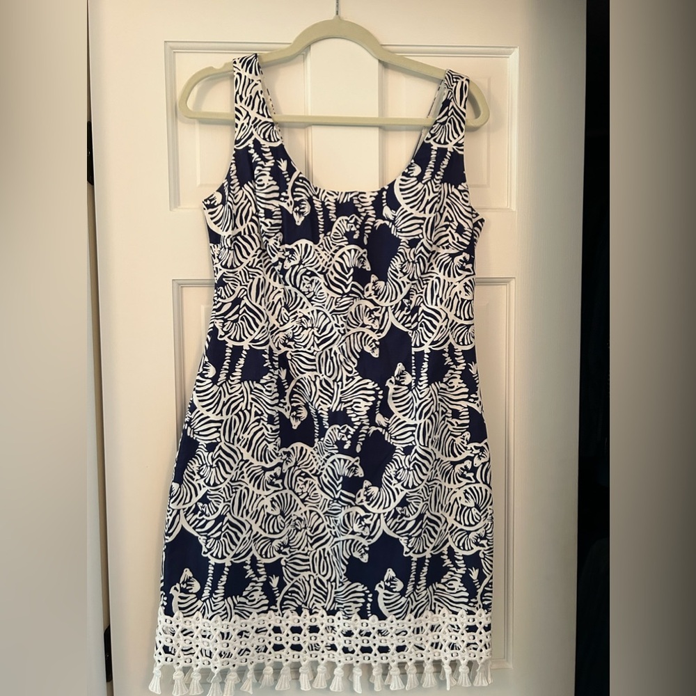Lilly Pulitzer navy/zebra pattern shirt dress with fringe.  Size 6; like new.
